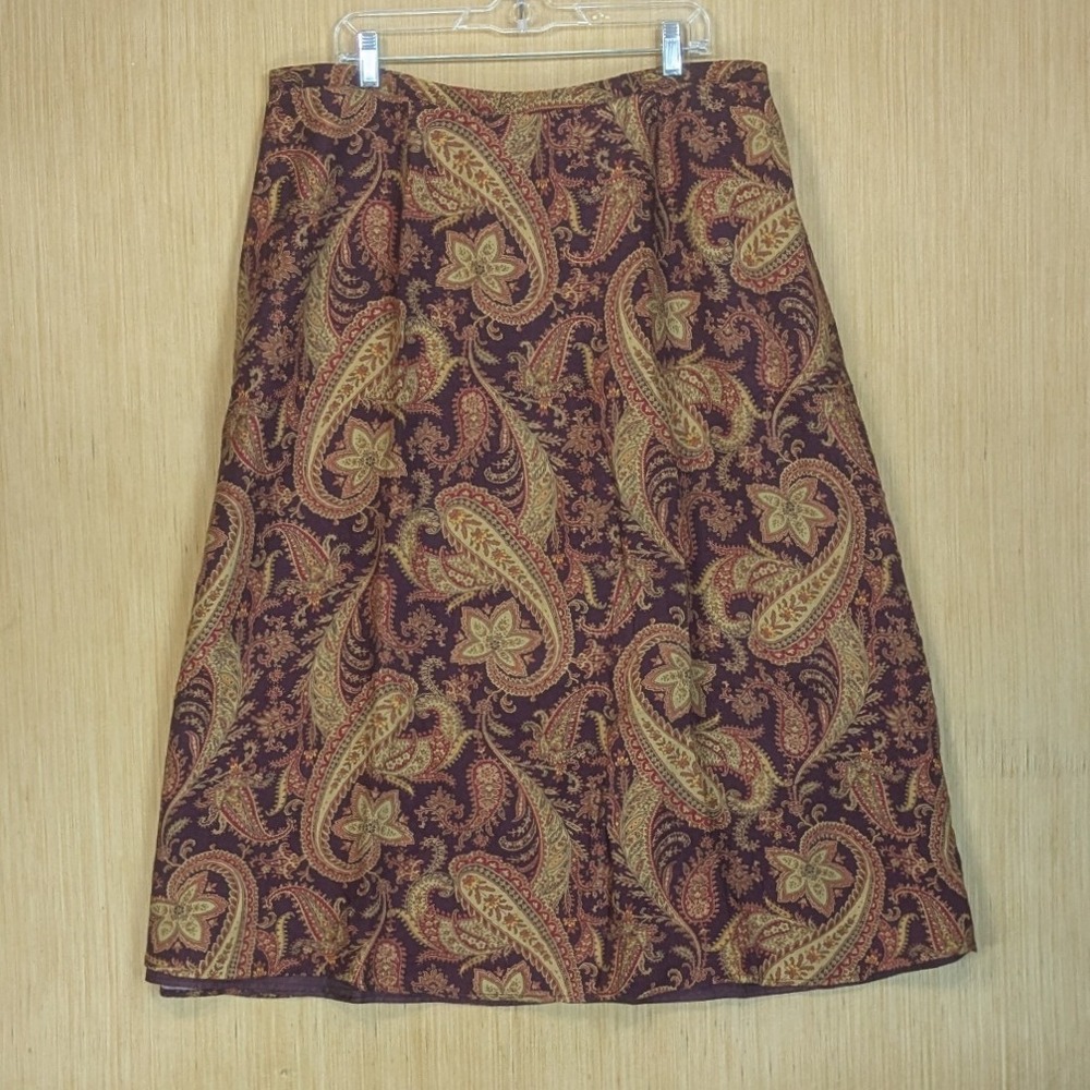 Vintage Worthington Paisley Midi Skirt Women's 22W Burgundy Old Money Retro Boho